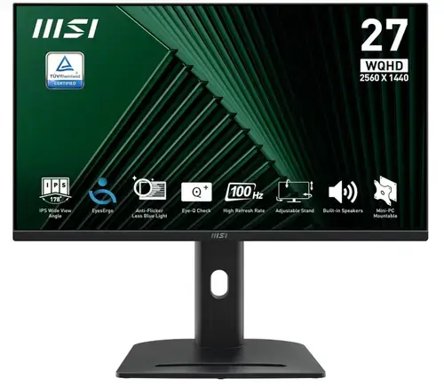 Monitor IPS LED MSI 27inch PRO MP275QPG, WQHD (2560 x 1440), HDMI, DisplayPort, Boxe, Pivot, 100 Hz, 1 ms (Negru)
