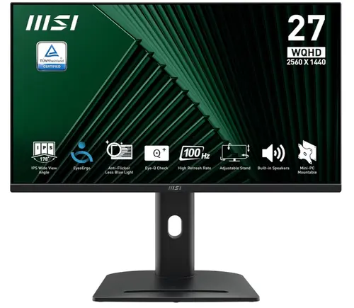 Monitor IPS LED MSI 27inch PRO MP275QPG, WQHD (2560 x 1440), HDMI, DisplayPort, Boxe, Pivot, 100 Hz, 1 ms (Negru)