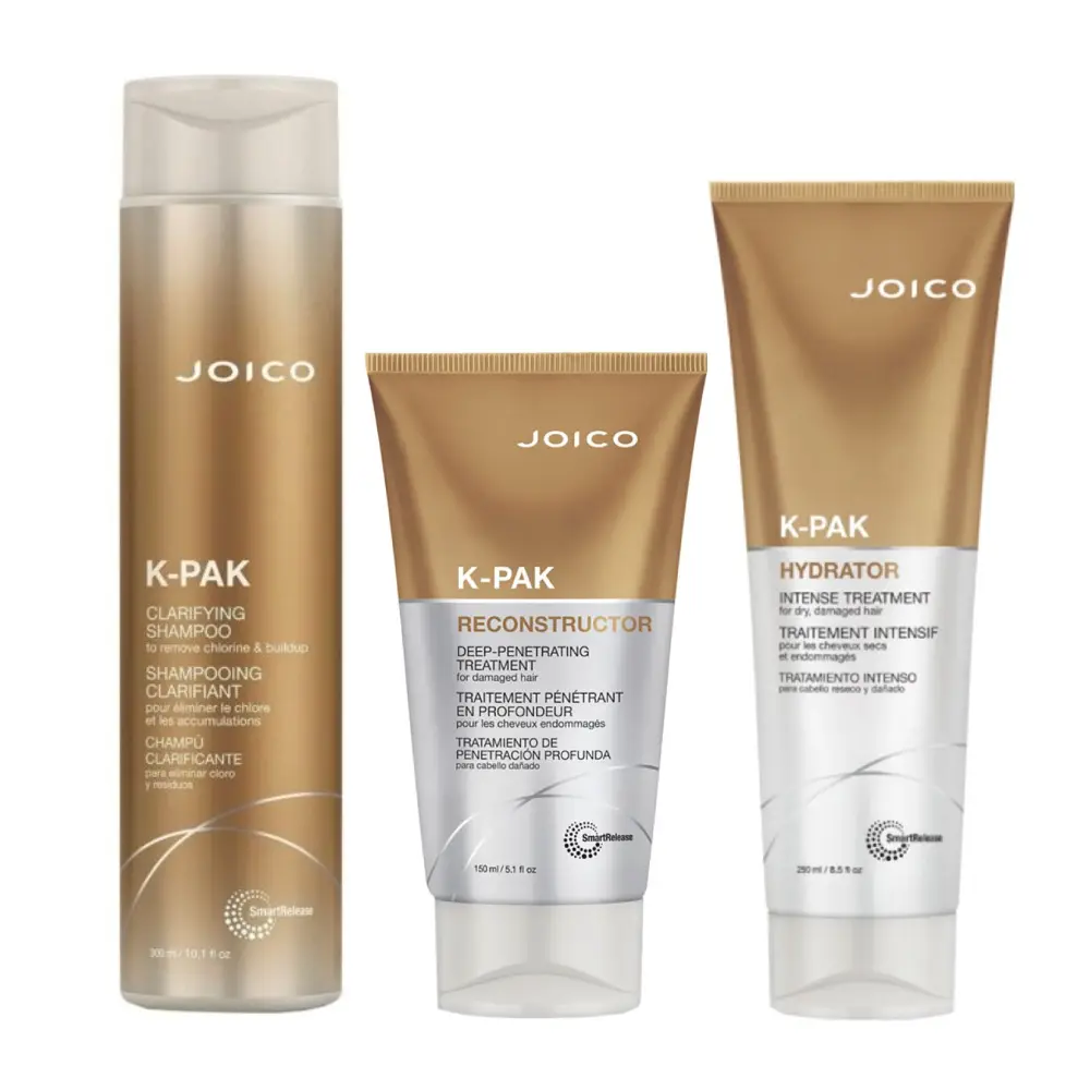 Set reparare par deteriorat Joico K-PAK – Clarifying Shampoo, Reconstructor si Hydrator 300+150+250ml
