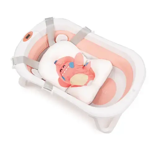 Cadita bebelusi Juju AquaSplash, 0+ luni, pliabila, cu pernuta detasabila, termometru electronic incorporat, dop scurgere, picioruse antiderapante, design ergonomic, Roz