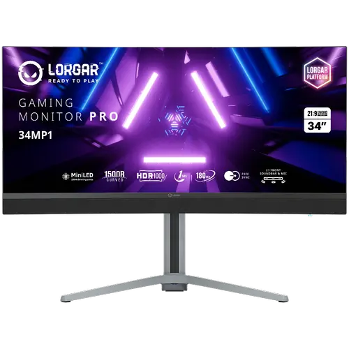 Monitor Gaming VA MiniLED Lorgar 34inch 34MP1, WQHD (3440x1440), HDMI, DisplayPort, AMD FreeSync/G-Sync, Ecran curbat, Boxe, 180 Hz, 1 ms (Negru/Gri)