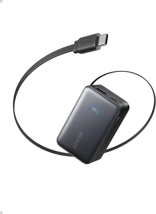 Acumulator extern Anker Nano 10.000 mAh, 45W, cu cablu USB-C InstaCord retractabil (Negru)