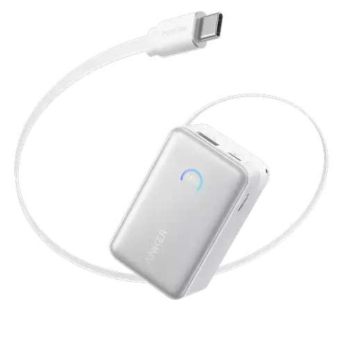 Acumulator extern Anker Nano, 10.000 mAh A1638H21, 45 W, cu cablu USB-C InstaCord retractabil (Alb)