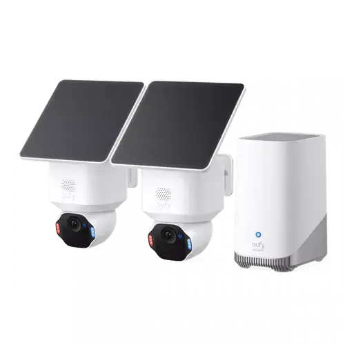 Kit supraveghere video eufy Security SoloCam E42, Rezolutie 4K, cu Panou Solar, AI, Pan&Tilt, Recunoastere faciala, HomeBase S380 + 2 camere video (Alb)