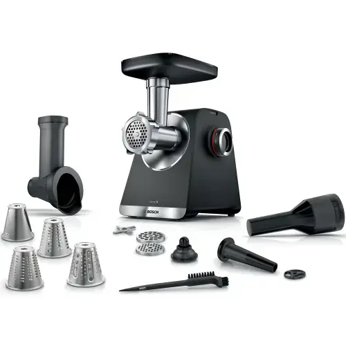Masina de tocat Bosch MFWS640B, 2100W, 3.5kg/ min, 3 site, palnie carnati, accesoriu pt kebbe, 4 accesorii de tocare, cutit cu 2 taisuri (Negru)