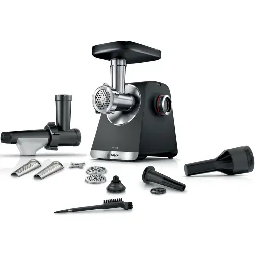 Masina de tocat Bosch MFWS650B, 2100W, 3.5kg/ min, 3 site, accesoriu suc de rosii, palnie carnati, accesoriu pt kebbe, cutit cu 2 taisuri (Argintiu)