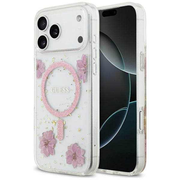 Husa MagSafe pentru Apple iPhone 17 Pro, Guess, Resin Flowers and Glitter, Roz