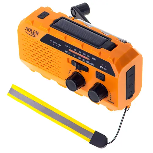 Radio solar cu manivela dinam Adler AD 1197, Acumulator 1200 mAh, Autonomie 8 ore, Lanterna, USB, Alarma SOS (Portocaliu)