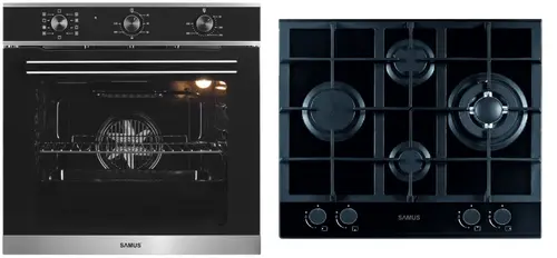 Pachet Samus B10 Cuptor incorporabil Samus SC628GX9, 2800 W, 75 l, 9 Functii, Grill, Clasa A + Plita incorporabila Samus PSG-64SG2, Gaz, 4 arzatoare, Arzător WOK, Aprindere electrica (Negru)
