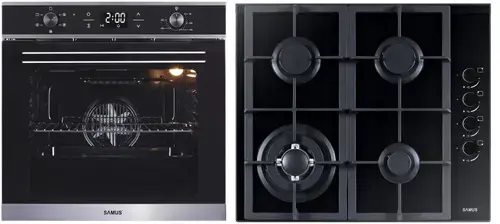 Pachet Samus ONL4 Cuptor incorporabil Samus SC625GDX5, Electric, 75 L, 5 functii + Plita incorporabila Samus PSG-64SG4, 4 Arzatoare, Aprindere electrica, Siguranta (Negru)
