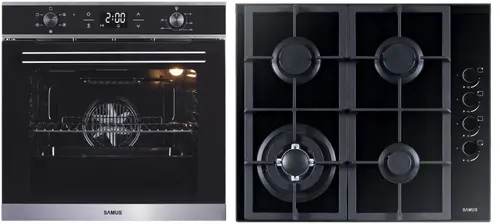 Pachet Samus ONL4 Cuptor incorporabil Samus SC625GDX5, Electric, 75 L, 5 functii + Plita incorporabila Samus PSG-64SG4, 4 Arzatoare, Aprindere electrica, Siguranta (Negru)