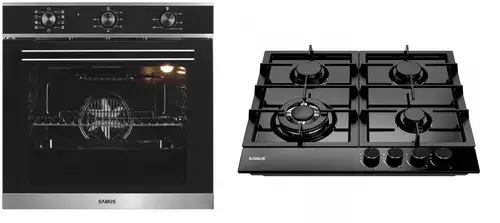 Pachet Samus ONL8 Cuptor incorporabil Samus SC628GX9, 2800 W, 75 l, 9 Functii, Grill, Clasa A  + Plita incorporabila PSG-64SMB1, 4 arzatoare pe gaz, 1 arzator triplu, Montata pentru gaz natural (Negru)