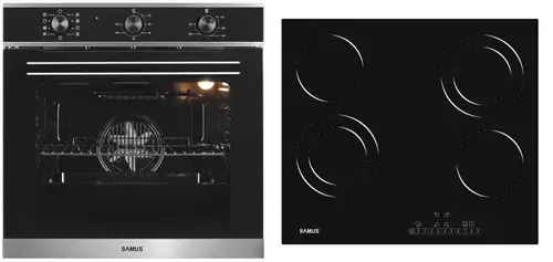 Pachet Samus ONL9 Cuptor incorporabil Samus SC628GX9, 2800 W, 75 l, 9 Functii, Grill, Clasa A + Plita incorporabila Samus PSVE-64BG3, Vitroceramica, 5800 W, 4 Zone de gatit (Negru)