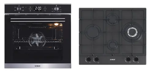 Pachet Samus ONL37 Cuptor incorporabil Samus SC625GDX5, Electric, 75 L, 5 functii + Plita incorporabila SAMUS PSG-64SMGN2, Gaz, 4 arzatoare, Gratare din fonta, Aprindere electrica, Sticla mata, 58 cm (Negru/Inox)
