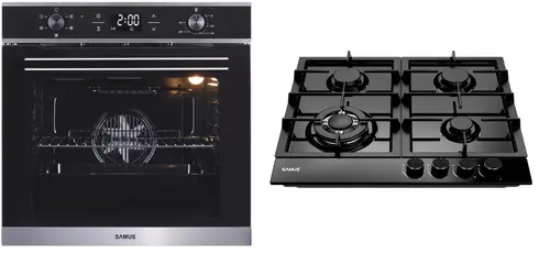 Pachet Samus ONL38 Cuptor incorporabil Samus SC625GDX5, Electric, 75 L, 5 functii (Negru/Inox) + Plita incorporabila PSG-64SMB1, 4 arzatoare pe gaz, 1 arzator triplu, Montata pentru gaz natural (Negru)