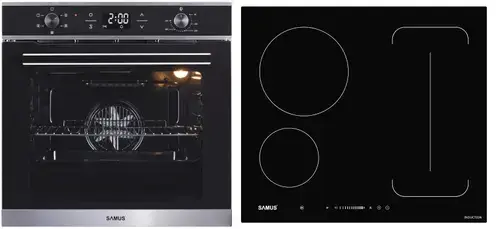 Pachet Samus ONL39 Cuptor incorporabil Samus SC625GDX5, Electric, 75 L, 5 functii (Negru/Inox) + Plita incorporabila Samus PSI-64BG9, Inductie, 7000 W, 3 Zone de gatit (Negru)