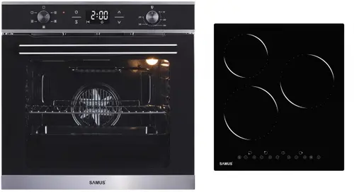 Pachet Samus ONL41 Cuptor incorporabil Samus SC625GDX5, Electric, 75 L, 5 functii (Negru/Inox) + Plita incorporabila vitroceramica Samus PSVE-43BG2, latime 45 cm, 4800 W, 3 zone de gatit, Touch Control, setari putere in 9 trepte (Sticla neagra)