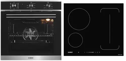 Pachet Samus ONL43 Cuptor incorporabil Samus SC628GX9, 2800 W, 75 l, 9 Functii, Grill, Clasa A (Negru/Inox) + Plita incorporabila Samus PSI-64BG9, Inductie, 7000 W, 3 Zone de gatit (Negru)