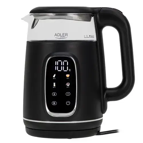 Fierbator de apa Adler AD 1305BS, 1.7 l, 2200 W, Afisaj LED, Baza pivotanta 360, Filtru calcar, 5 presetari (Negru/Argintiu)