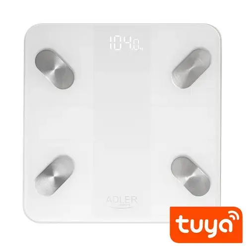 Cantar electronic inteligent de baie Adler AD 8186, Bluetooth, Tuya, display LED, 180 kg, platforma de sticla 6 mm, apa/grasime/masa musculara/masa osoasa, Auto ON/OFF (Alb)