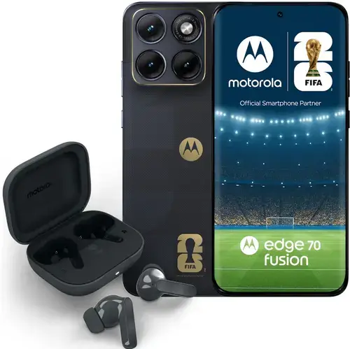 Telefon Mobil Motorola Edge 70 Fusion, FIFA Edition, Procesor Qualcomm SM7635 Snapdragon 7s Gen 3, Ecran AMOLED 6.78inch, 8GB RAM, 256GB Flash, Camera Duala 50 + 13 MP, Wi-Fi, 5G, Dual Sim, Android (Negru/Albastru) + Casti Motorola Moto Buds Bass