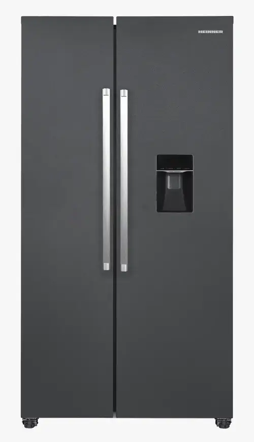 Side-By-Side HEINNER HSBS-HM529NFINVDGWD, 529 L, Clasa E, Dozator de apa, Lumina LED, Functie Vacanta, ECO, Super Congelare, Alarma usa deschisa, H 177 cm (Gri antracit)
