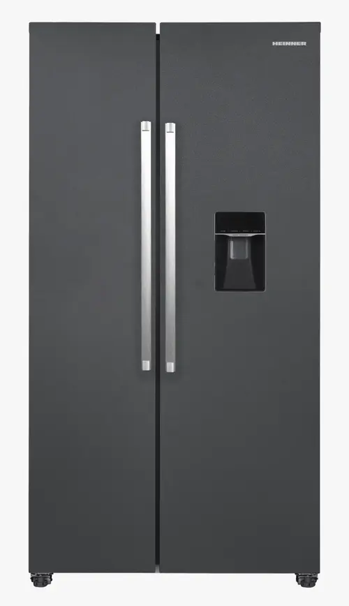 Side-By-Side HEINNER HSBS-HM529NFINVDGWD, 529 L, Clasa E, Dozator de apa, Lumina LED, Functie Vacanta, ECO, Super Congelare, Alarma usa deschisa, H 177 cm (Gri antracit)