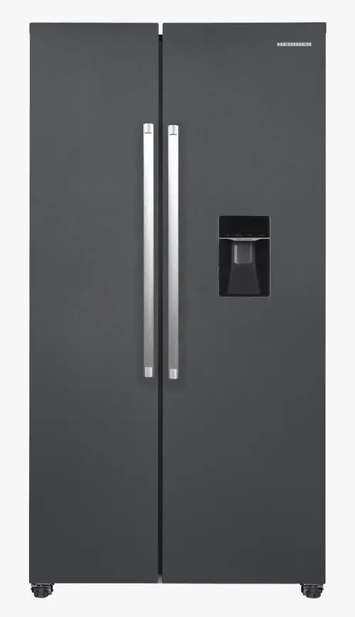 Side-By-Side HEINNER HSBS-HM439NFINVDGWD, 439 L, Clasa E, Total No Frost, Dozator de apa, Compresor Inverter, Control Touch, Functie Vacanta, ECO, H 177 cm (Gri antracit)
