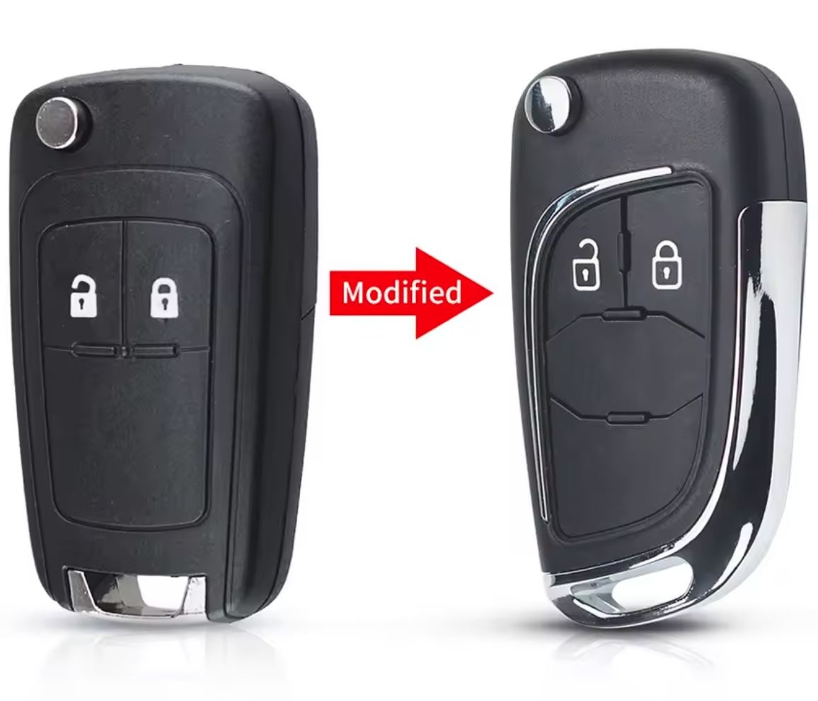 Carcasa Cheie Auto Transformare tip Briceag Techstar compatibila Opel Astra, Insignia, Meriva, Zafira, Vauxhall, Chevrolet Cruze – 2 Butoane, Elemente Cromate