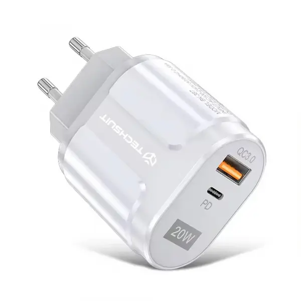 Incarcator Retea Techsuit Premium, 20W, 3A, 1 x USB-A - 1 x USB-C, Alb