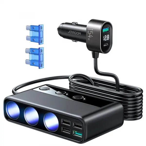 Incarcator Auto Joyroom JR-CL06, 154W, 3A, 4 x USB-A - 1 x USB-C - 4 x Extensie Bricheta, Negru JYR058BLK