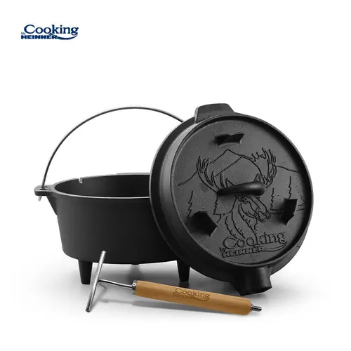 Ceaun fonta pura 2 in 1, capacitate 7 l, capacul poate fi folosit ca tigaie grill, dimensiune 29.5x16 cm, se foloseste direct pe flacara