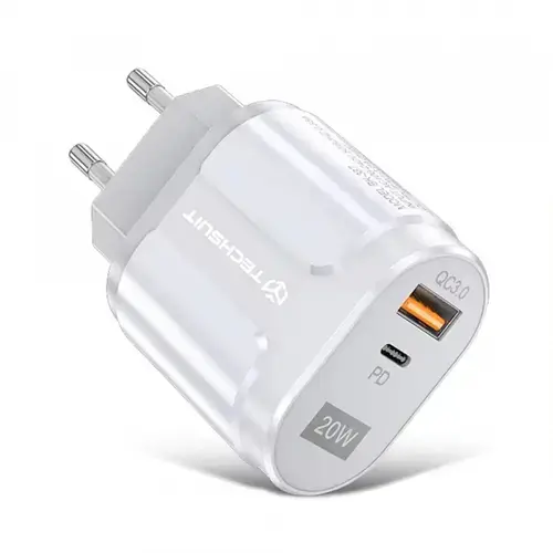 Incarcator Retea Techsuit Premium CHPD038, 20W, 3A, 1 x USB-A - 1 x USB-C (Alb)