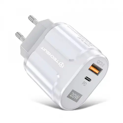 Incarcator Retea Techsuit Premium CHPD038, 20W, 3A, 1 x USB-A - 1 x USB-C (Alb)