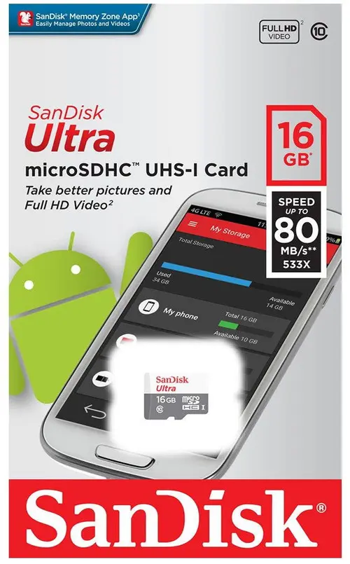 Card de memorie SanDisk Ultra Android microSDHC, 16GB, 80 MB/s Citire,  Clasa10, UHS-I