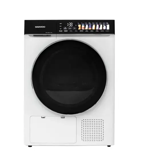 Uscator de rufe Daewoo DDR-HS9E, 9 kg, Pompa de caldura, Clasa E, Butoane touch, Panou de control negru cu pictograme mari colorate, usa dubla neagra cu inel cromat (Alb)