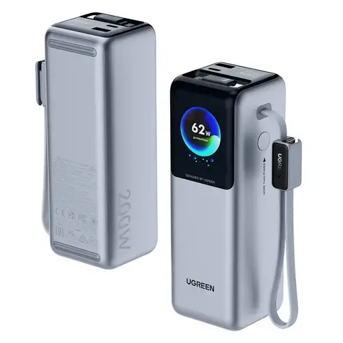 Baterie Externa cu Display Digital, 2 x Cablu USB-C Incorporat, USB, Type-C, 25000 mAh, 200W fast charge - Ugreen Power Bank 728, Gri