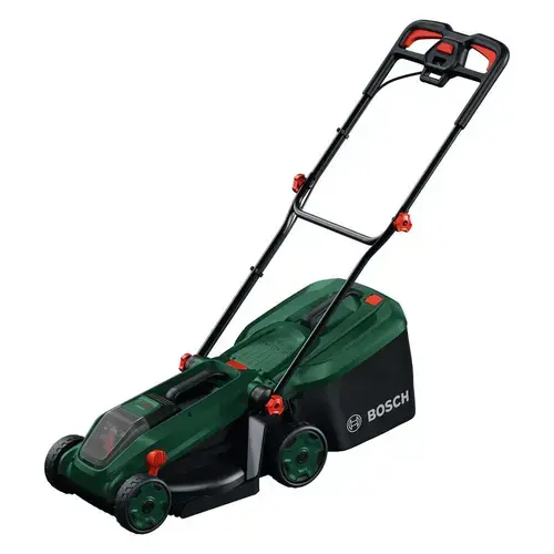 Masina de tuns gazon/iarba pe acumulator Bosch ROTAK18V-34, 18 V, latime taiere 34 cm, inaltime taiere 25-65 mm, 5 trepte de taiere, motor brushless, sac colector 35 l, fara incarcator/acumulator in setul de livrare
