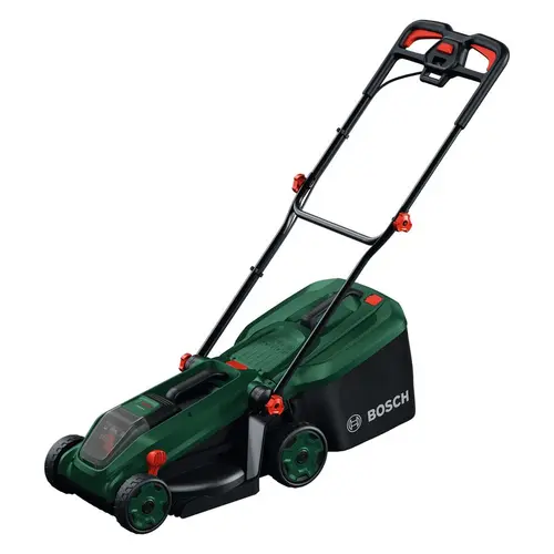 Masina de tuns gazon/iarba pe acumulator Bosch ROTAK18V-34, 18 V, latime taiere 34 cm, inaltime taiere 25-65 mm, 5 trepte de taiere, motor brushless, sac colector 35 l, fara incarcator/acumulator in setul de livrare