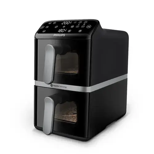Friteuza cu aer cald Philips Stacked Dual Basket AirFryer Seria 4000 NA461/00, 2 cosuri (total 10l), 2750W, 40~200°C, Fereastra de gatit, 6 programe, 13 functii, Smart Copy, Shake, RapidAir (Negru)
