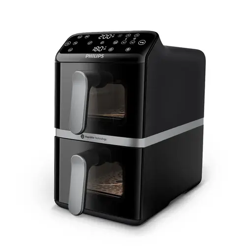 Friteuza cu aer cald Philips Stacked Dual Basket AirFryer Seria 4000 NA461/00, 2 cosuri (total 10l), 2750W, 40~200°C, Fereastra de gatit, 6 programe, 13 functii, Smart Copy, Shake, RapidAir (Negru)