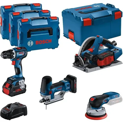 Set scule electrice BOSCH, GSR 18V-90 C, GKT 18V-52 GC, GST 18V-155 SC, GEX 18V-125, 1 x 18V, 4 Ah, 2 x 18V, 5.5 Ah, 4 x cutii