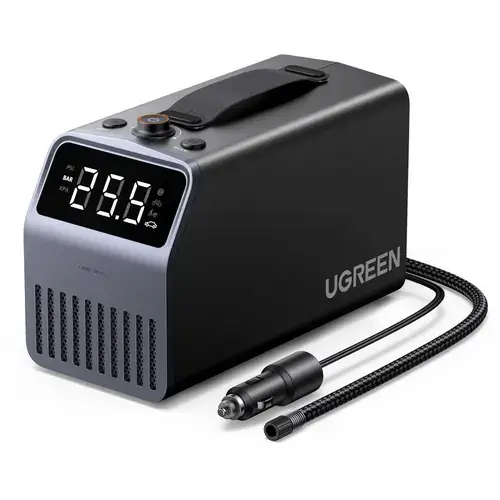 Pompa electrica Ugreen 150 PSI 12V pentru anvelope, 3x4500mAh, neagra, dimensiuni 23,7x14,3x11cm, set cu 3 adaptoare de pompare (Negru)