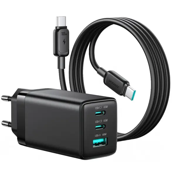 Incarcator Retea Cu Cablu USB-C Joyroom JR-TG10, 65W, 3.25A, 1 x USB-A - 2 x USB-C, Negru