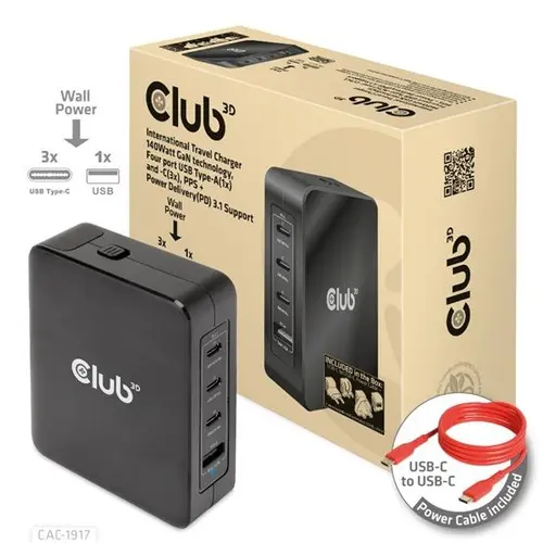 Incarcator retea CLUB3D CAC-1917, pentru calatorie, international, 140W (Negru)