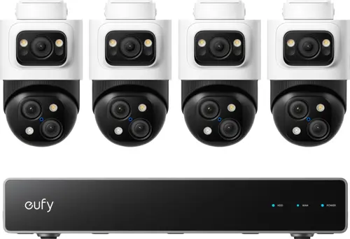 Kit supraveghere video eufy PoE NVR S4 Max, Rezolutie 4K, AI, IP65, cu 4 camere PTZ Bullet cu 3 lentile