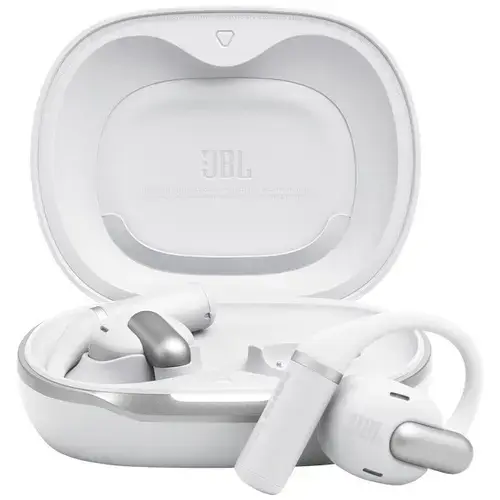 Casti Alergare Open-Ear JBL Sense Pro, True Wireless, Bluetooth, Hi-Res Audio, 4 microfoane, Multipoint, Autonomie 38 ore, Alb