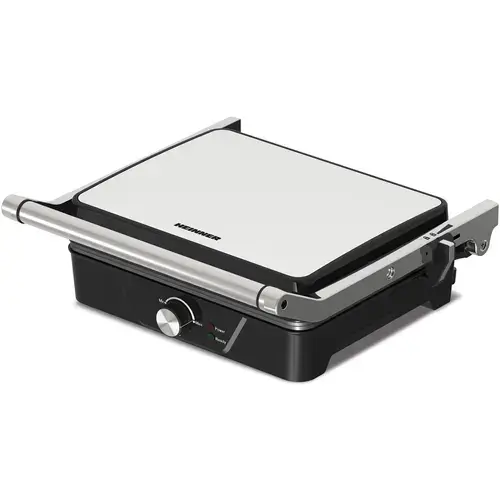 Grill electric Heinner GrillChef HEG-K2000CP, 2000 W, Placi fixe cu invelis antiaderent, Temperatura reglabila, maner rece, Indicatoare luminoase, Tava pentru colectare ulei (Negru/Argintiu)