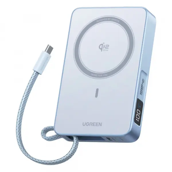 Baterie Externa Wireless UGREEN MagFlow PB773 (65958B), 10000mAh, 25W, PD + FQI, 1 x QI - 2 x USB-C, Albastra
