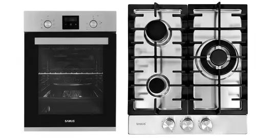 Pachet Samus 45-X2 Cuptor incorporabil Samus SCE458GTXV, 1900 W, 43 l, 6 functii, Clasa A, Grill, Timer, Ventilator + Plita incorporabila Samus PSG-43SX1, 3 arzatoare pe gaz, 45cm (Inox)